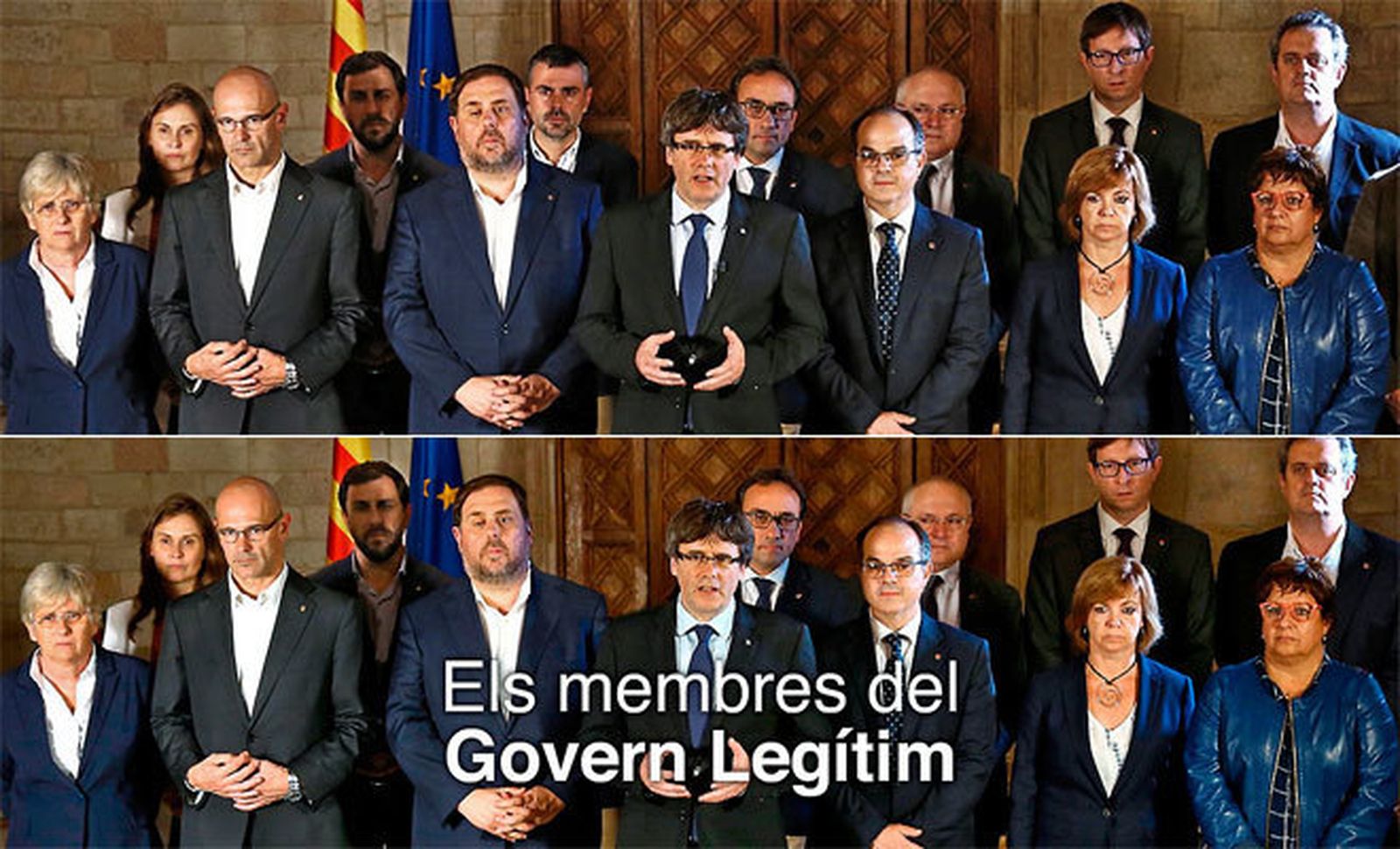 En la foto de arriba, Vila aparece entre Junqueras y Puidgmont. Abajo, está borrado.