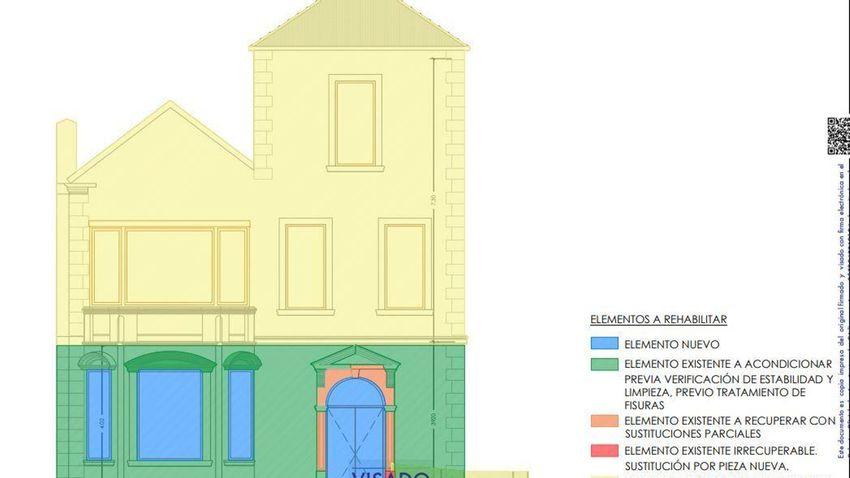 Alzado de la reconstrucción de Villa Patricia. En amarillo, la parte que será demolida y reconstruida. 