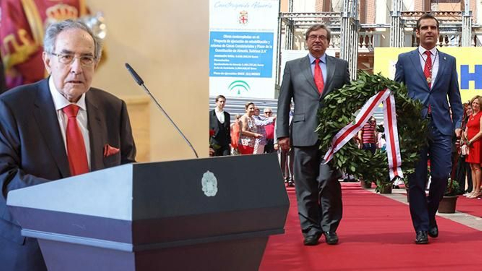 José Montero Padilla, orador en 2023 y Fernando Martínez, junto al entonces alcalde de Almería, portando la corona de laurel para depositarla junto al Pingurucho en el año 2017 José Montero Padilla, orador en 2023 y Fernando Martínez, junto al entonces alcalde de Almería, portando la corona de laurel para depositarla junto al Pingurucho en el año 2017
