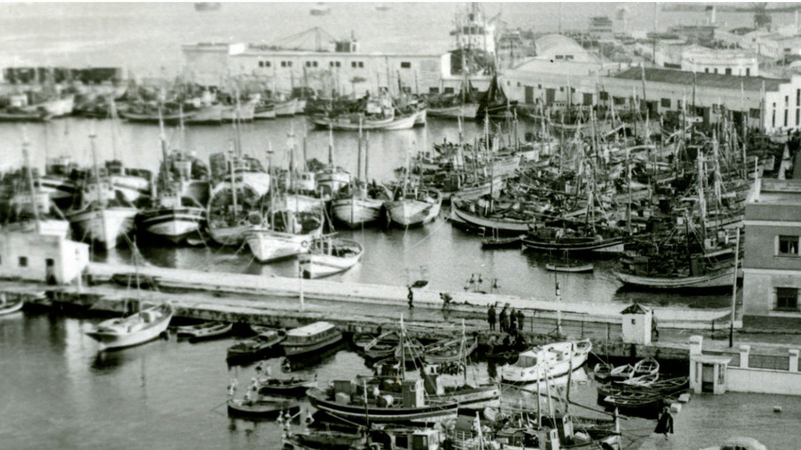 En primer término, el muelle de Villanueva. Detrás, la dársena pesquera y parte del muelle pesquero. Fotografía tomada en 1960 cuando todavía era el puerto algecireño uno de los primeros de España en pesca fresca desembarcada.