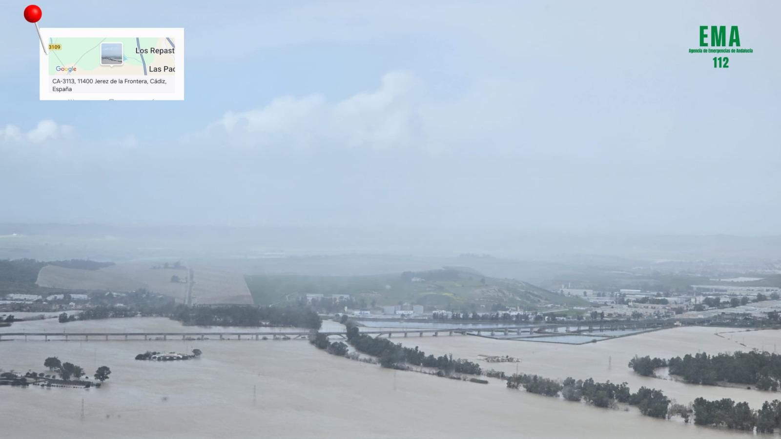 Así se ve desde el aire el desbordamiento del río Guadalete en Jerez, El Puerto, Arcos y la Sierra