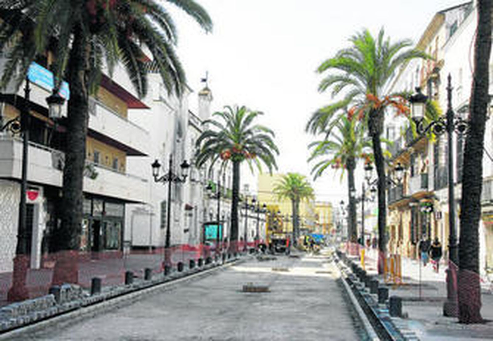 Una imagen de los trabajos que se ejecutan en la avenida Micaela Aramburu de Mora, con las palmeras que han sobrevivido a la plaga del  picudo rojo.