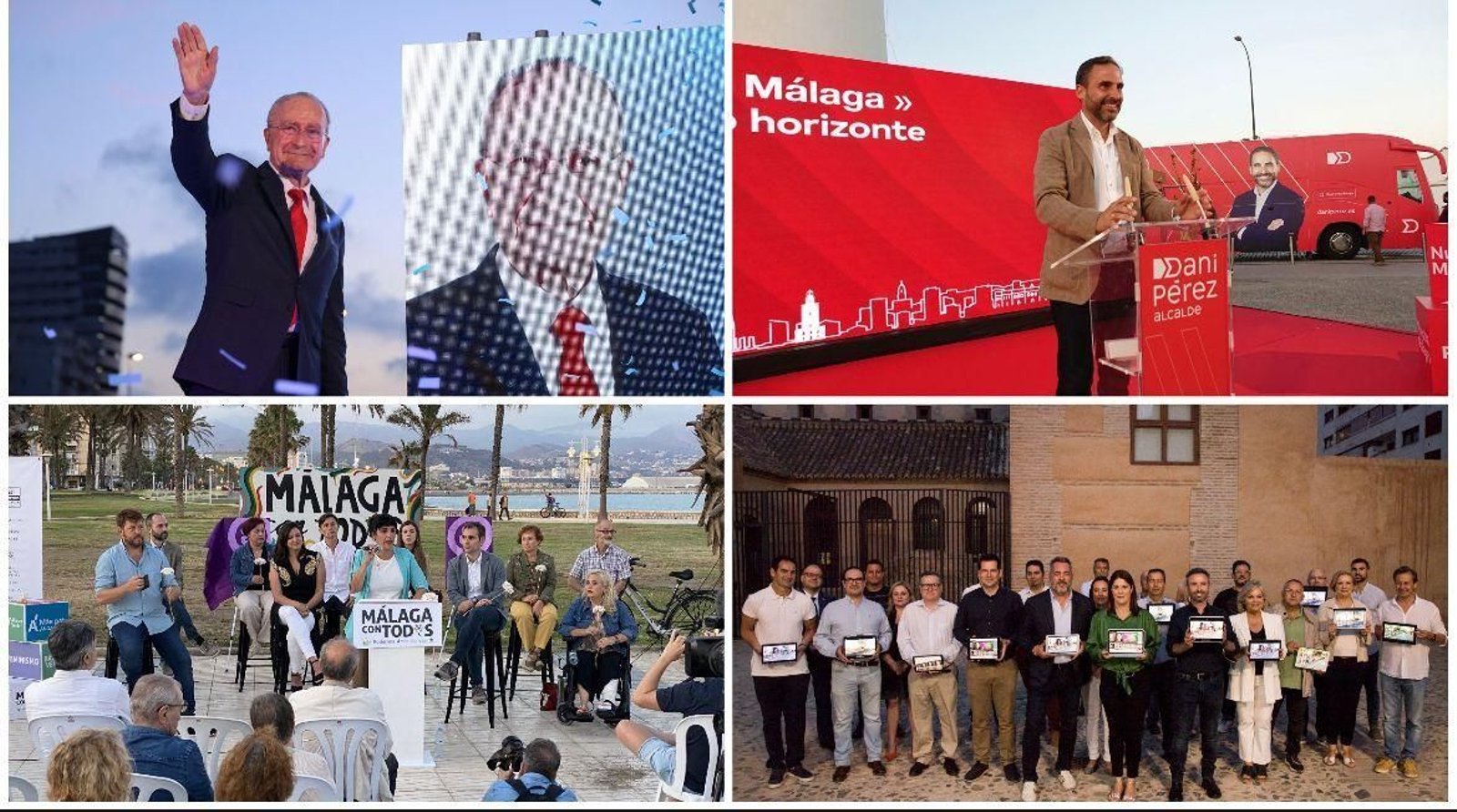 De la Torre, Pérez, Morillas y Losada, de izquierda a derecha y de abajo arriba; en sus actos de inicio de campaña.