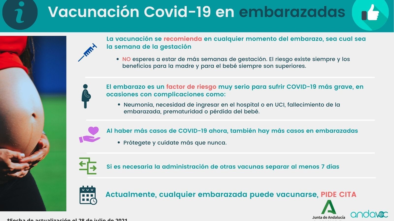 Indicaciones en Andalucía para la vacunación Covid-19 en embarazadas
