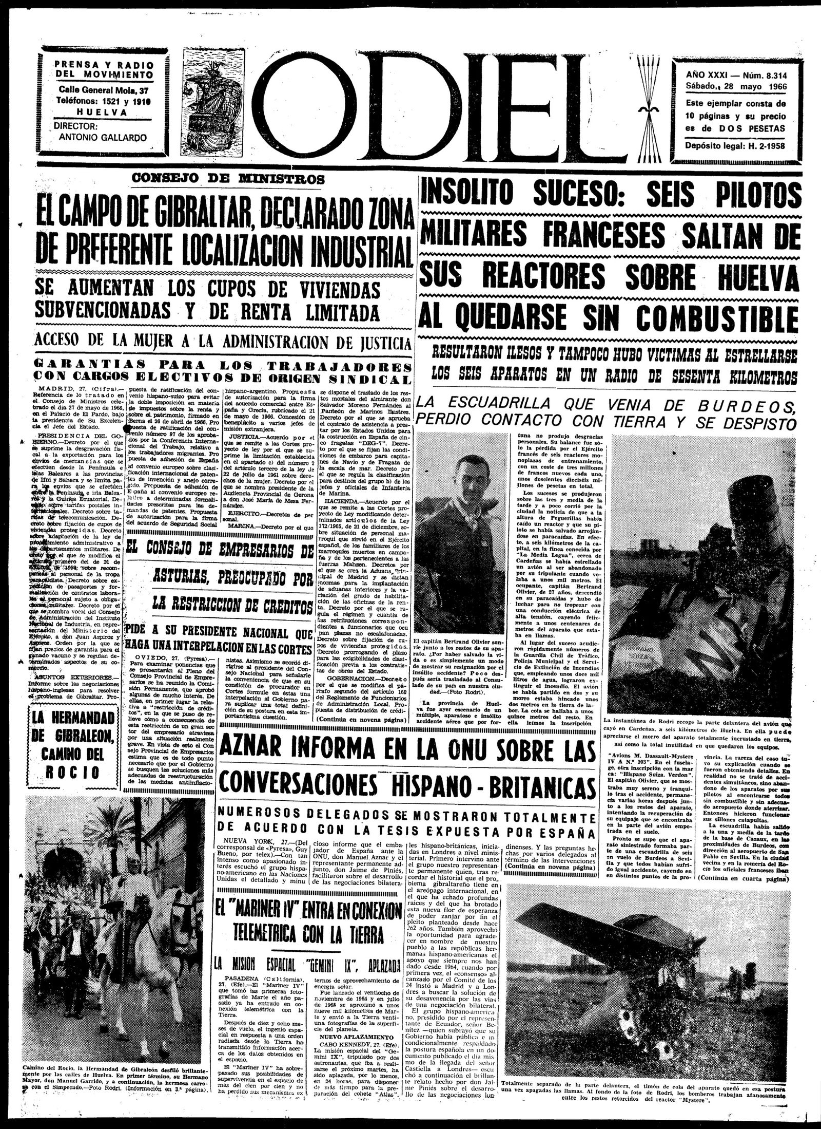 Portada del diario provincial Odiel, en la que se trata el suceso / Archivo de la Diputación de Huelva.