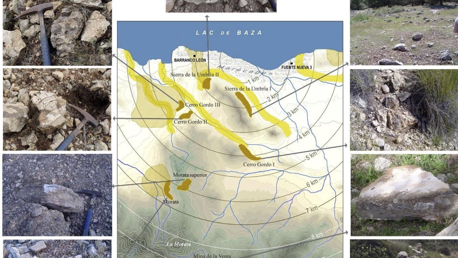 Mapa donde se localizan las diferentes fuentes de suministro de rocas para elaborar útiles tallados (Modificado a partir de Toro-Moyano et al., 2010 en Barsky et al., 2022).
