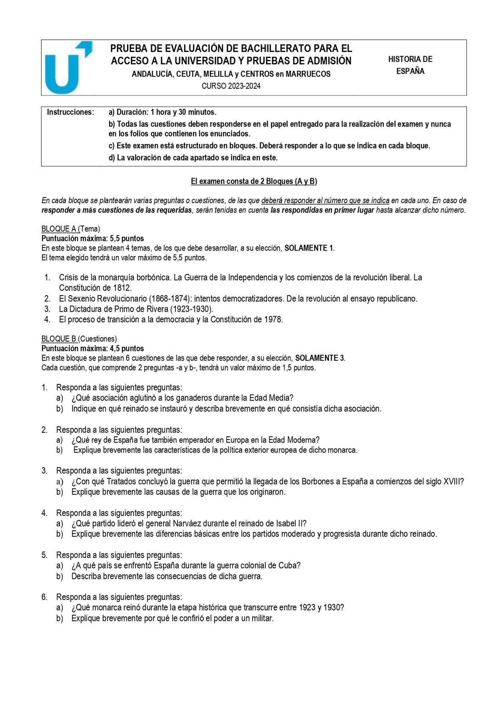 Examen de Historia de España 2024