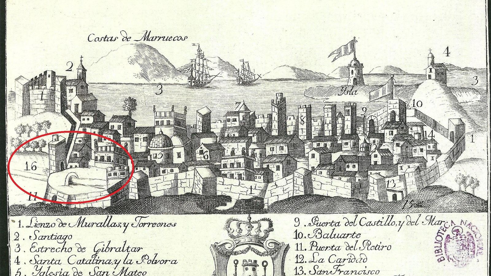 Panorámica de Tarifa hacia 1780. Se observa la entrada del arroyo bajo la torre de la Red junto a la puerta del Retiro.