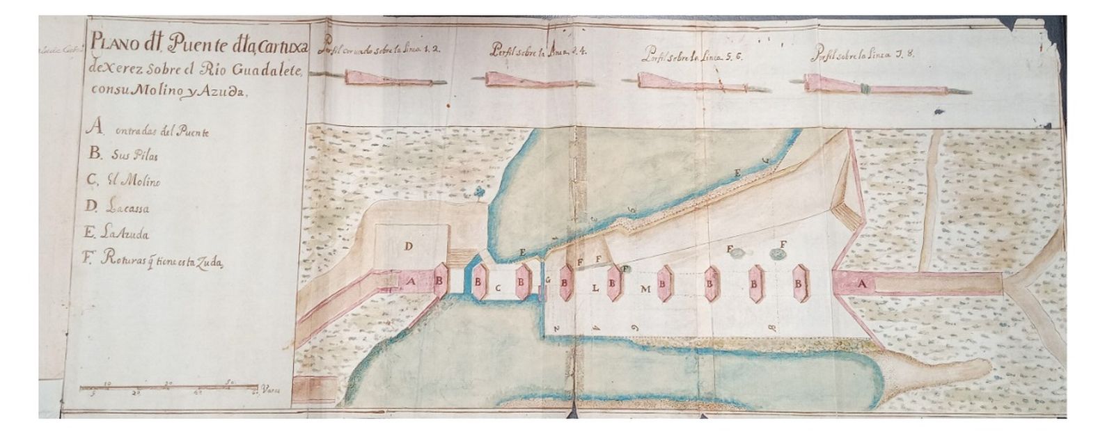 Cristóbal de Rojas, 'Plano del Puente della Cartuxa de Xerez sobre el Rio Guadalete, con su Molino y Azuda (1604)'. Archivo Municipal de Jerez de la Frontera, Archivo Histórico Reservado. Cajón 11, n.º 126.