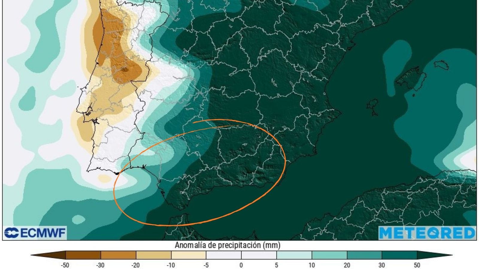 Otra semana lluviosa: en Andalucía, las anomalías de precipitación positivas que se concentran especialmente entre el lunes y el miércoles.