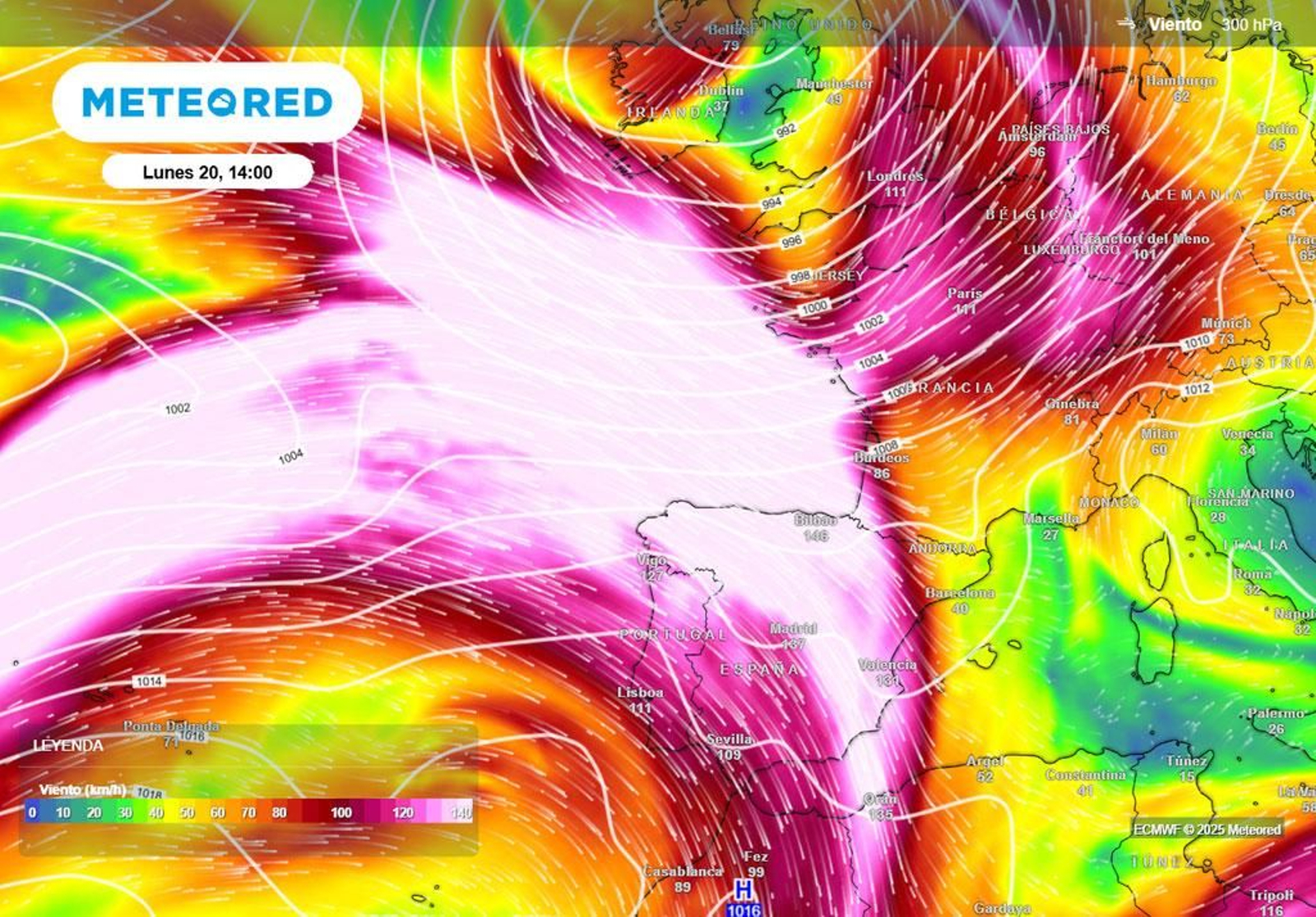 Situación prevista del chorro polar sobre la Península el próximo lunes 20 de octubre.
