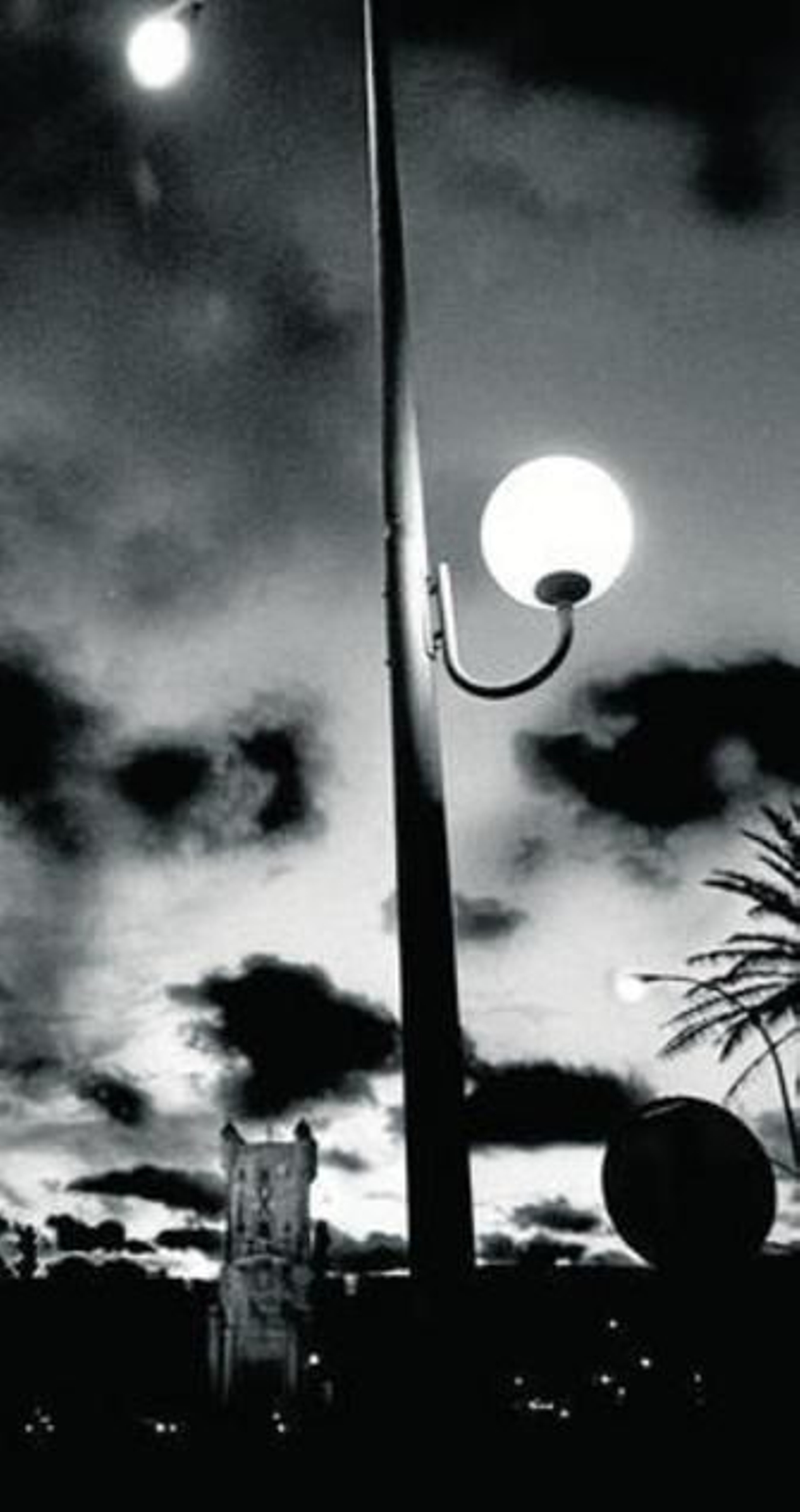 Una farola de la plaza de la Constitución con las Puertas de Tierra al fondo.