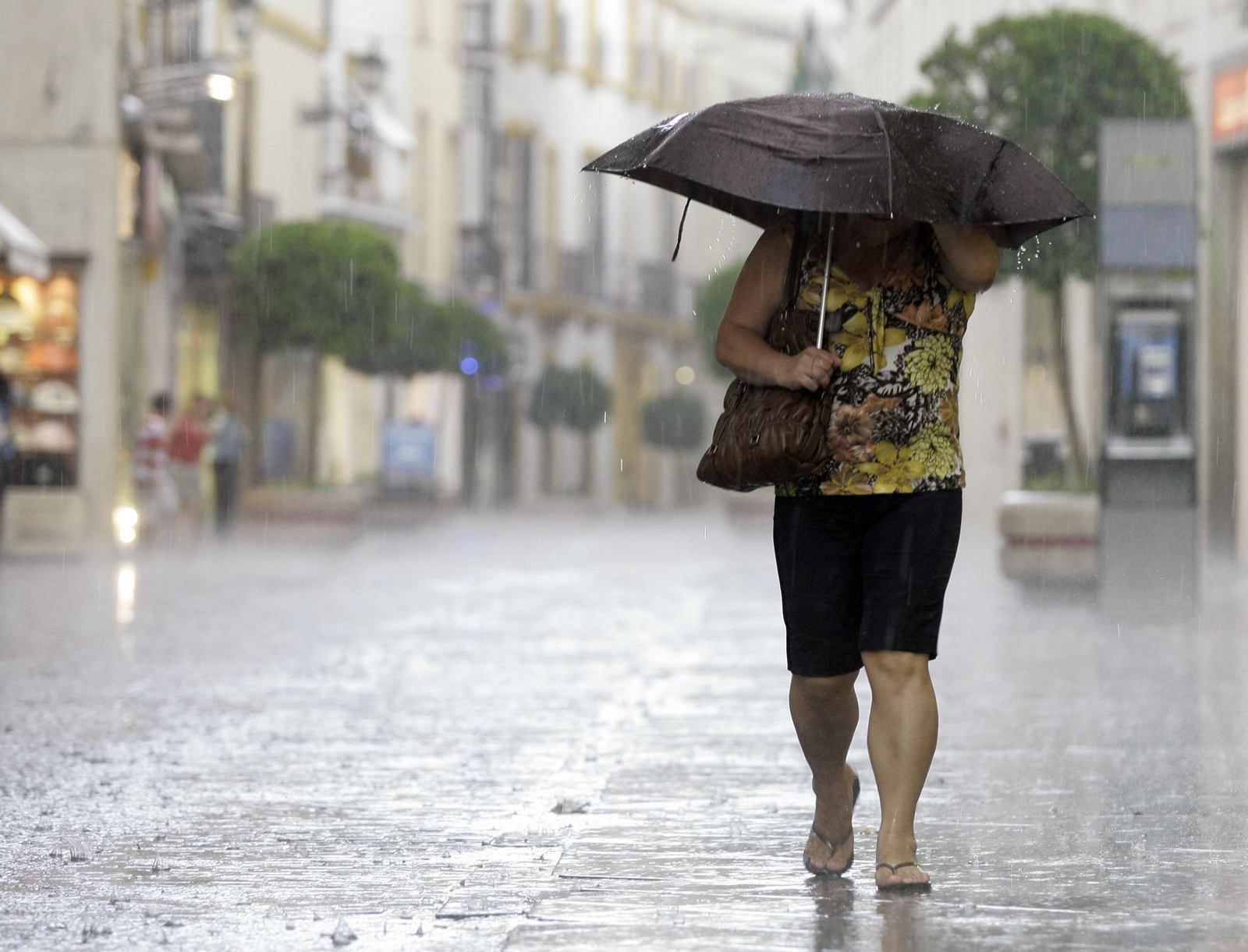 Una mujer se protege de la lluvia  con un paraguas.