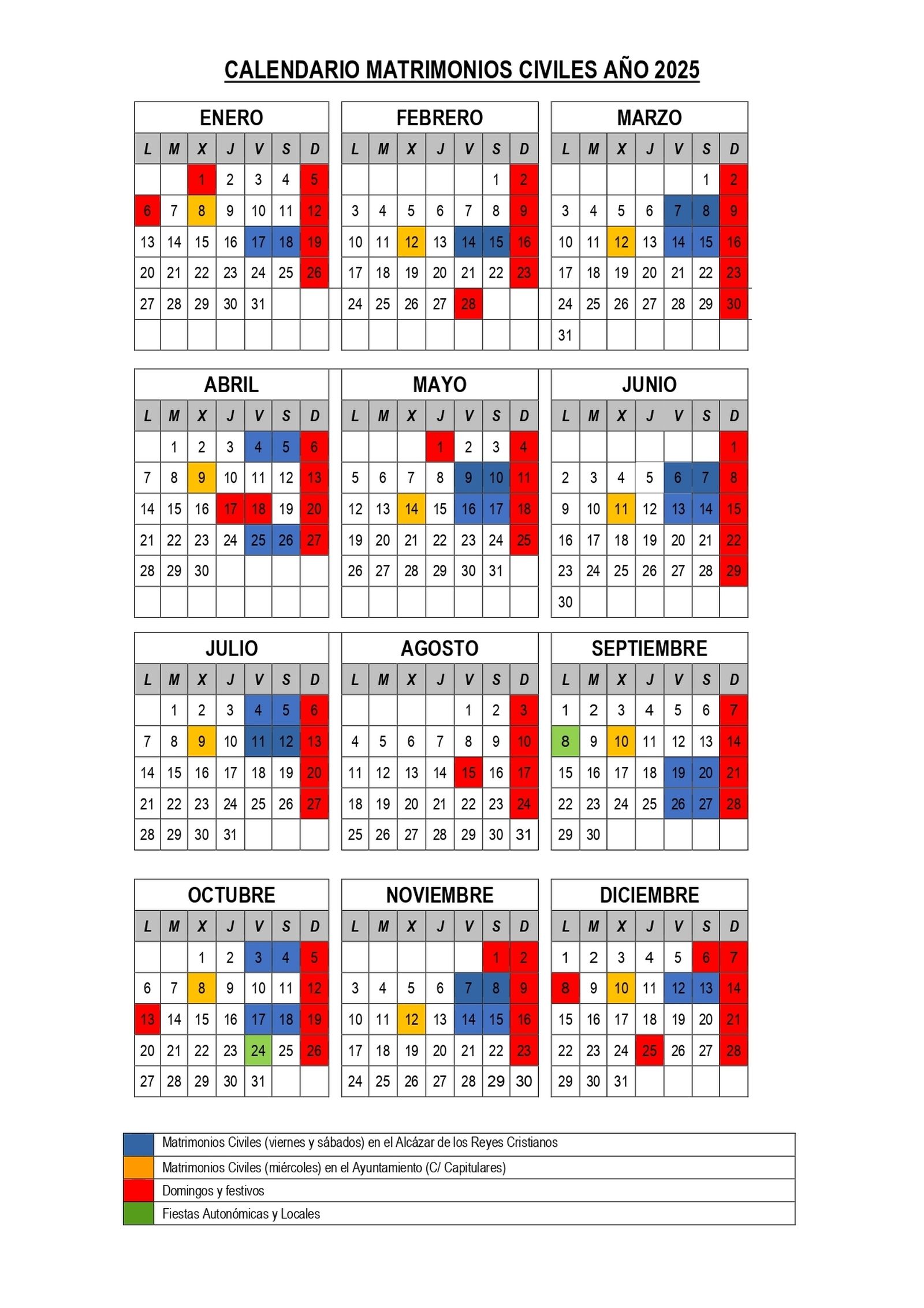 Calendario de Bodas Civiles de 2025