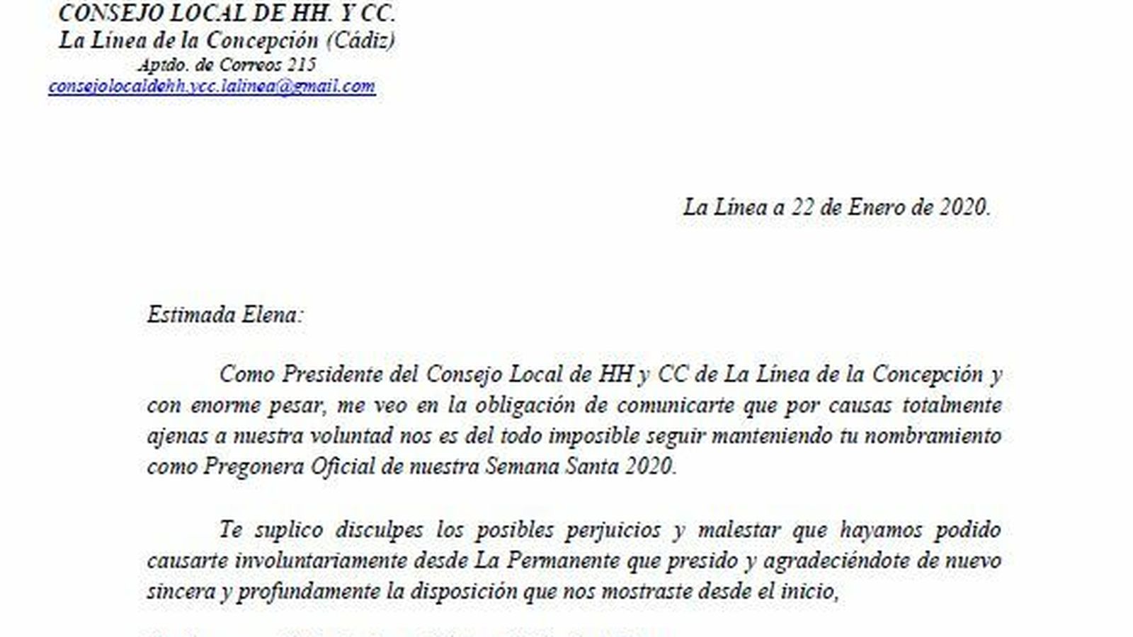 La carta del Consejo Local remitida a Elena Greandia.