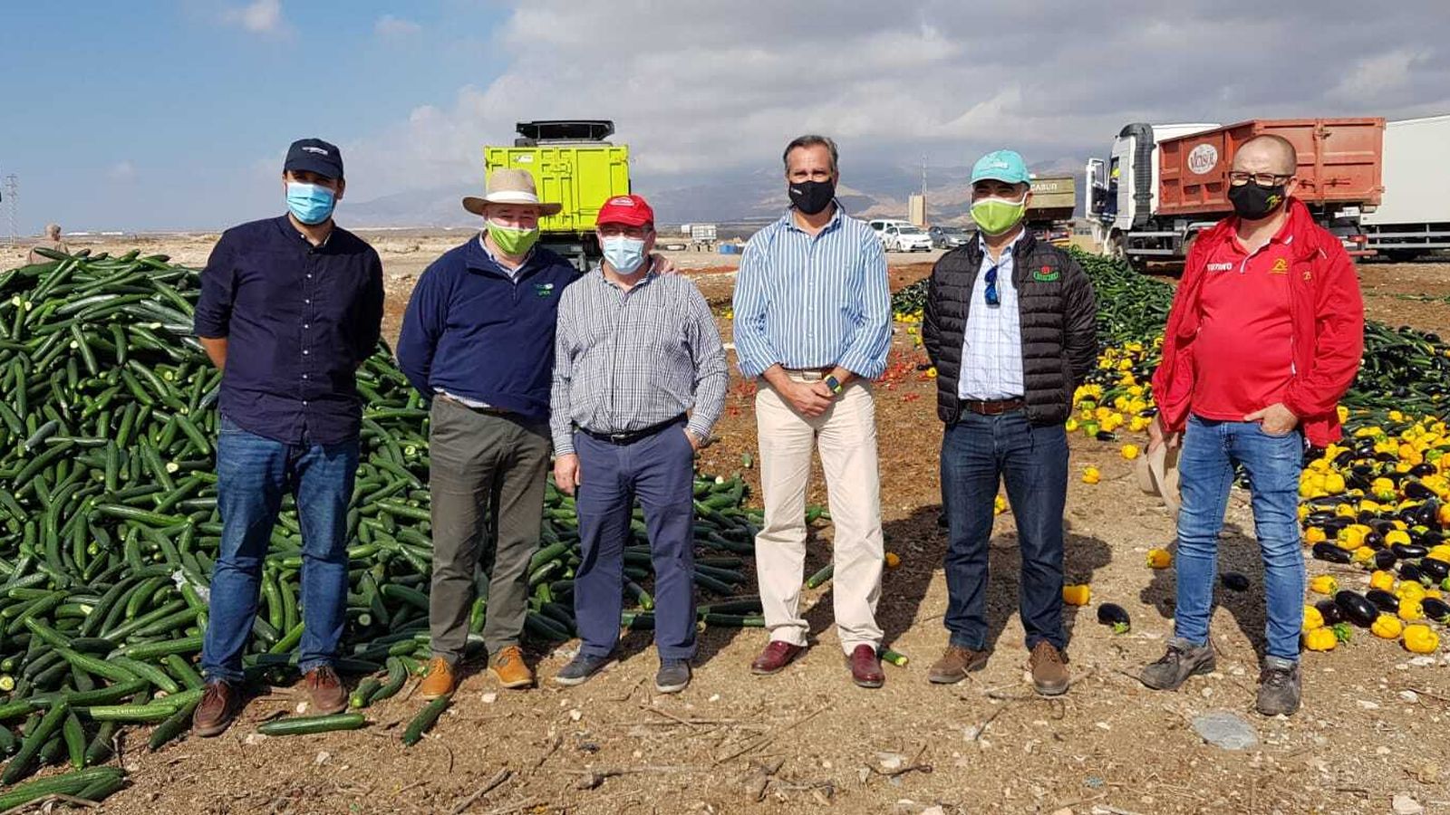 Representantes de Coexphal en el acto simbólico de ayer en que se tiró pepino y otros productos por la crisis de precios