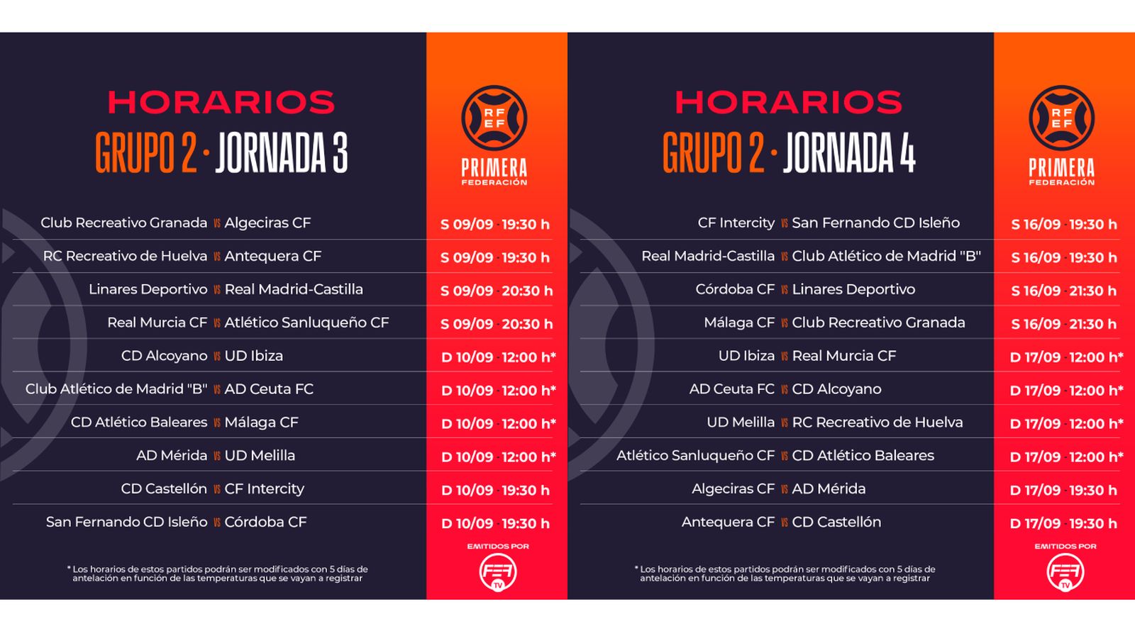 Los horarios de la tercera y cuarta jornada en Primera Federación.
