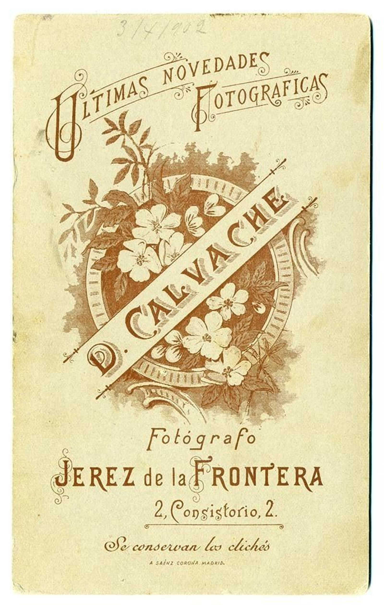 Publicidad en el dorso de una fotografía de Calvache. Publicidad en el dorso de una fotografía de Calvache.