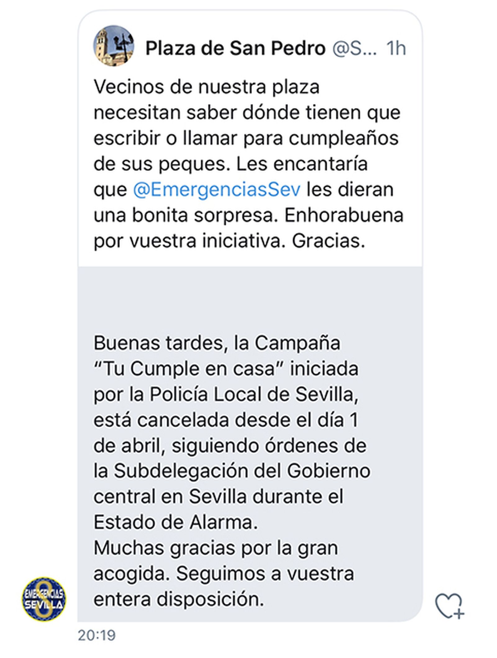Captura de pantalla con respuesta de Emergencias Sevilla.