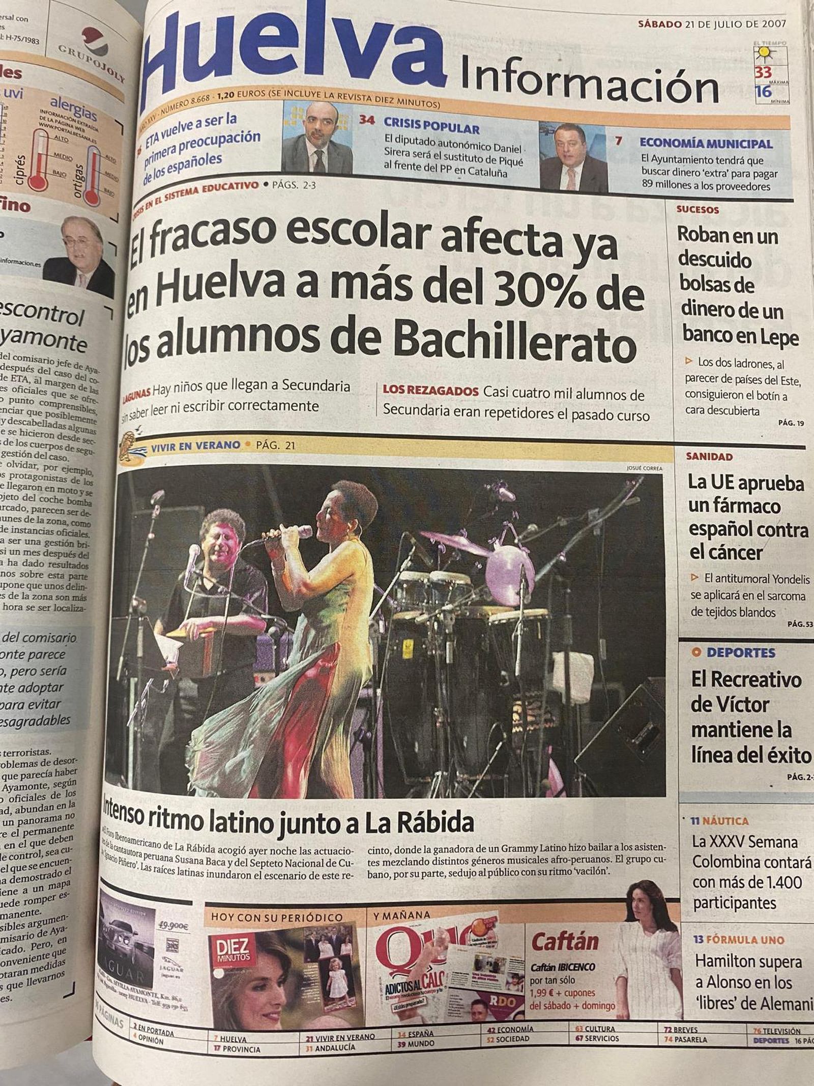 Portada del periódico el 21 de julio de 2007