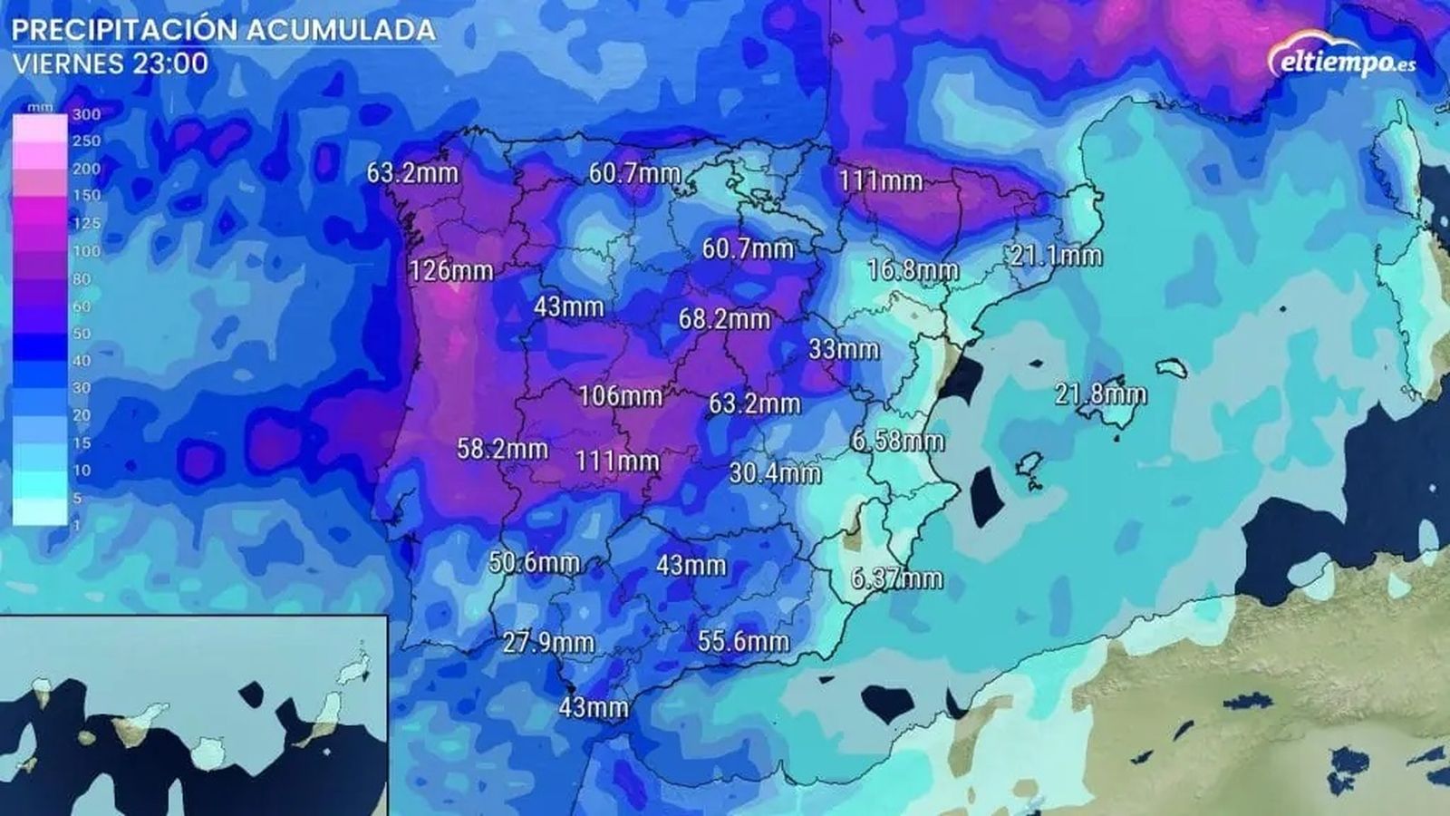 Precipitaciones acumuladas el viernes en España.