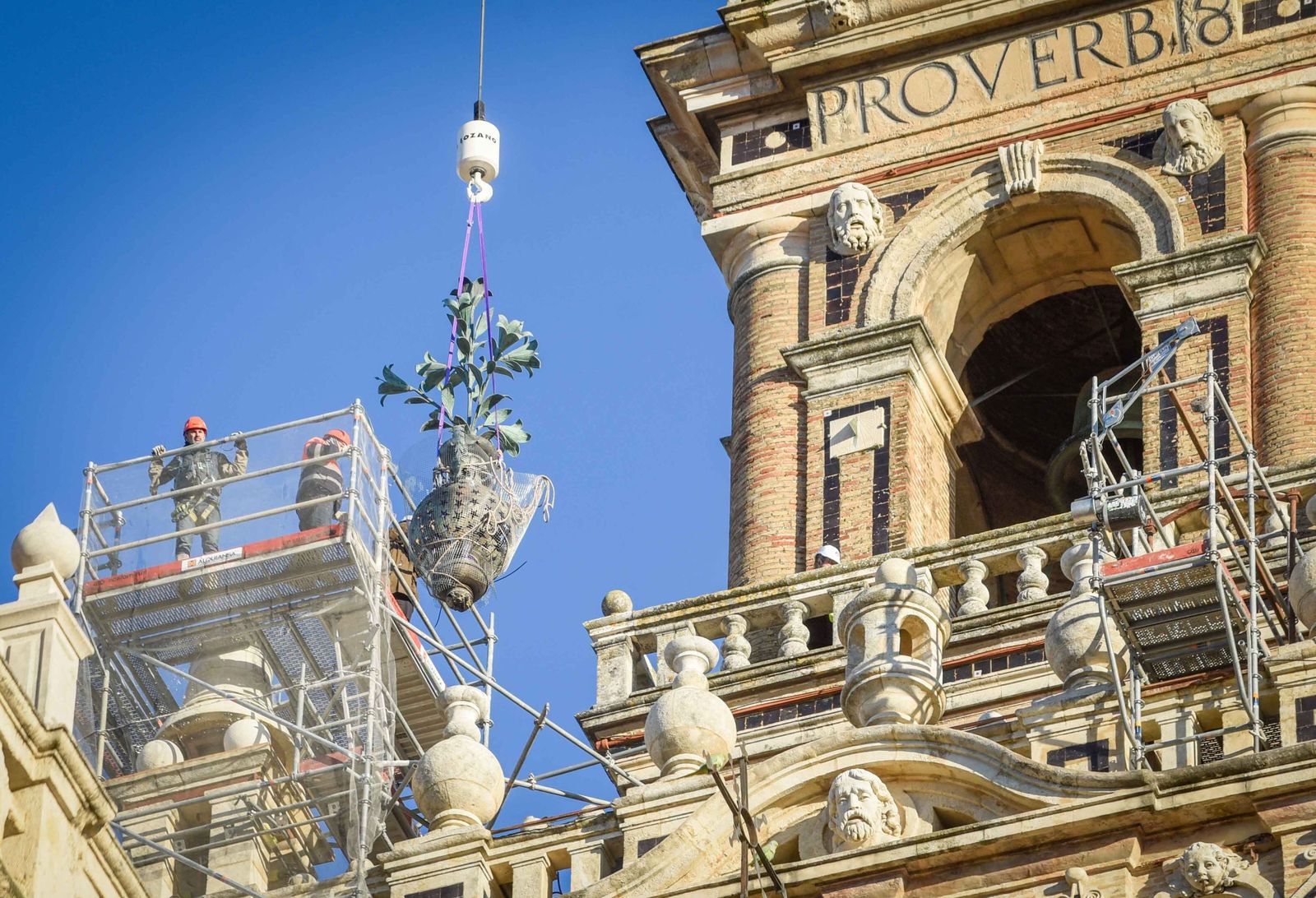 La retirada de las jarras de las azucenas de la Giralda, en imágenes