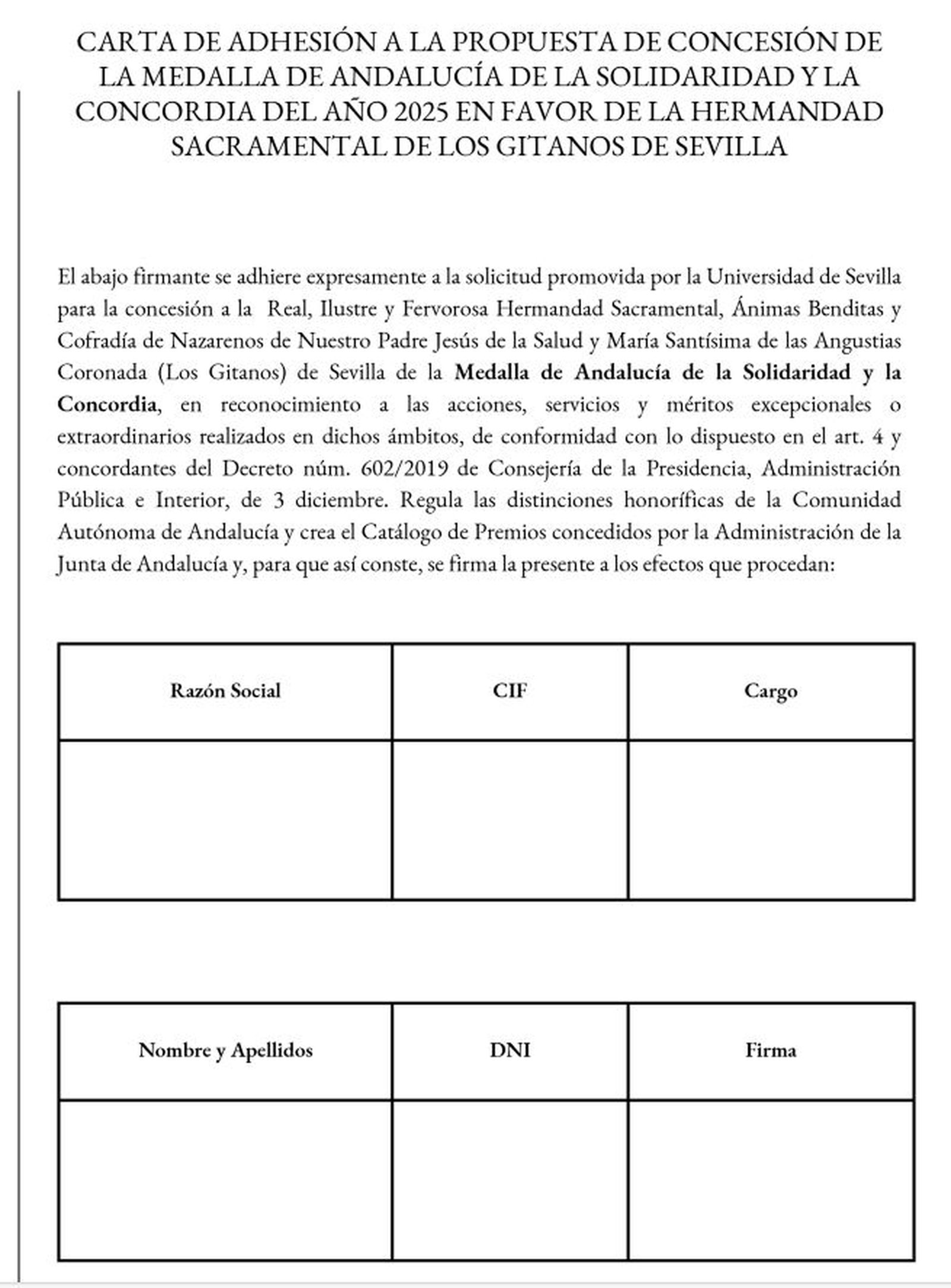 Carta de adhesión a la propuesta de la Hispalense