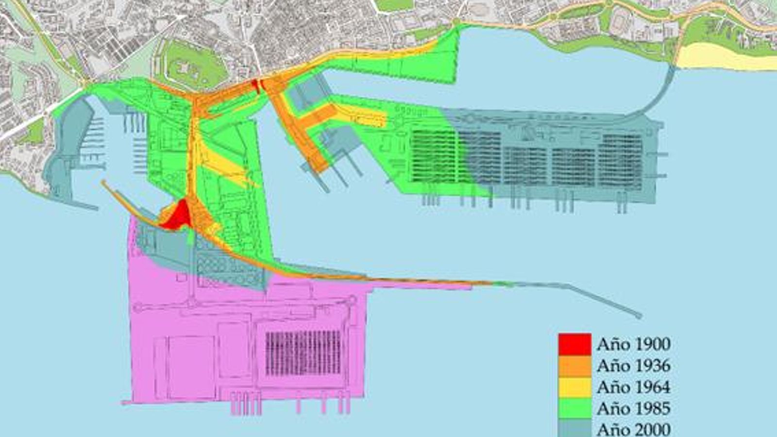 Situación actual en el puerto de Algeciras de la isla de Humm-Hakim, luego de Algeciras, o de Las Palomas, actual Isla Verde- marcado en rojo-, al igual que el pantalán de madera del ferrocarril y enfrente sel modestísimo muelle, existentes el año 1900.