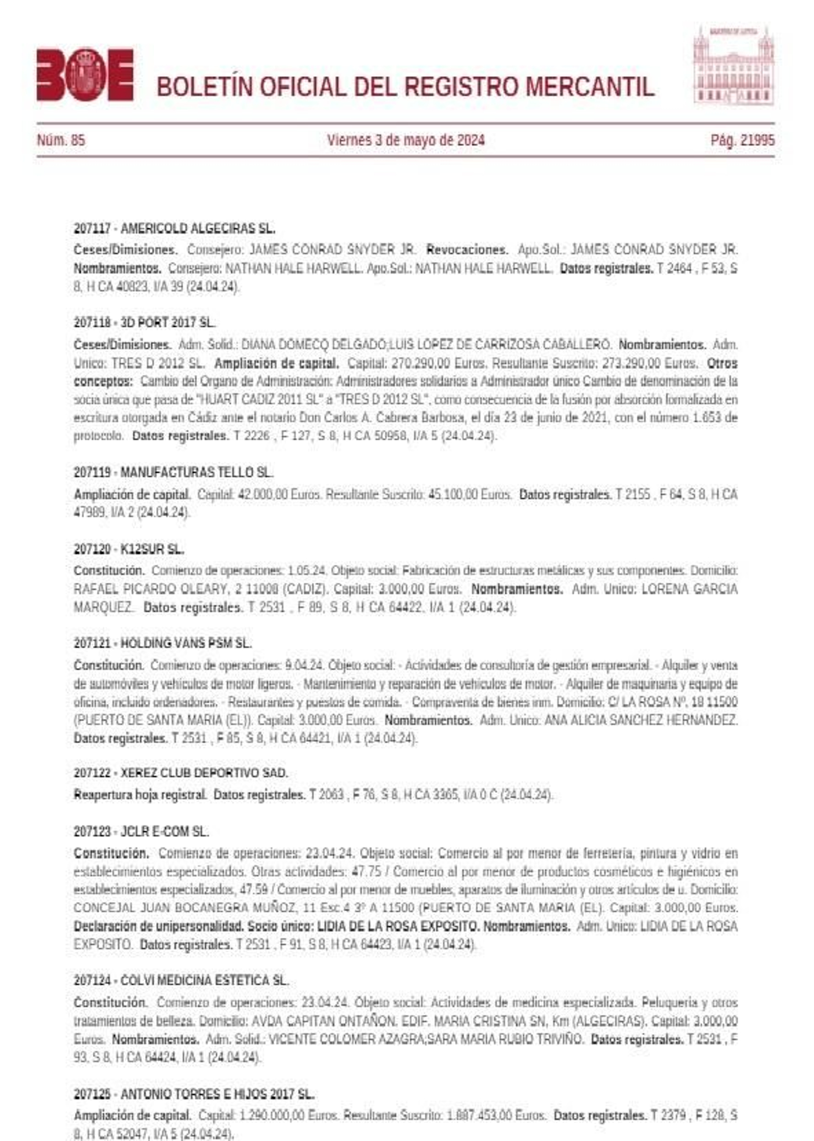 Hoja del Boletín Oficial del Registro Mercantil en la que aparece la publicación del Xerez CD.