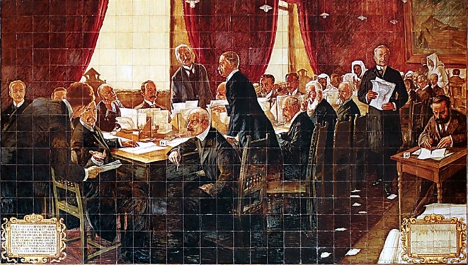 Gran azulejo representando una de las sesiones de la conferencia.