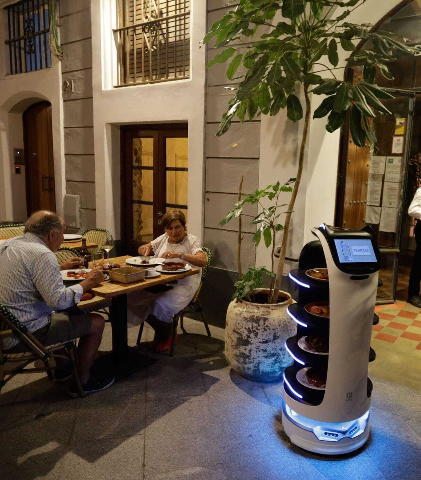 Camila, el primer robot camarero gaditano, trabajando en el restaurante 'La chancha y los 20'.