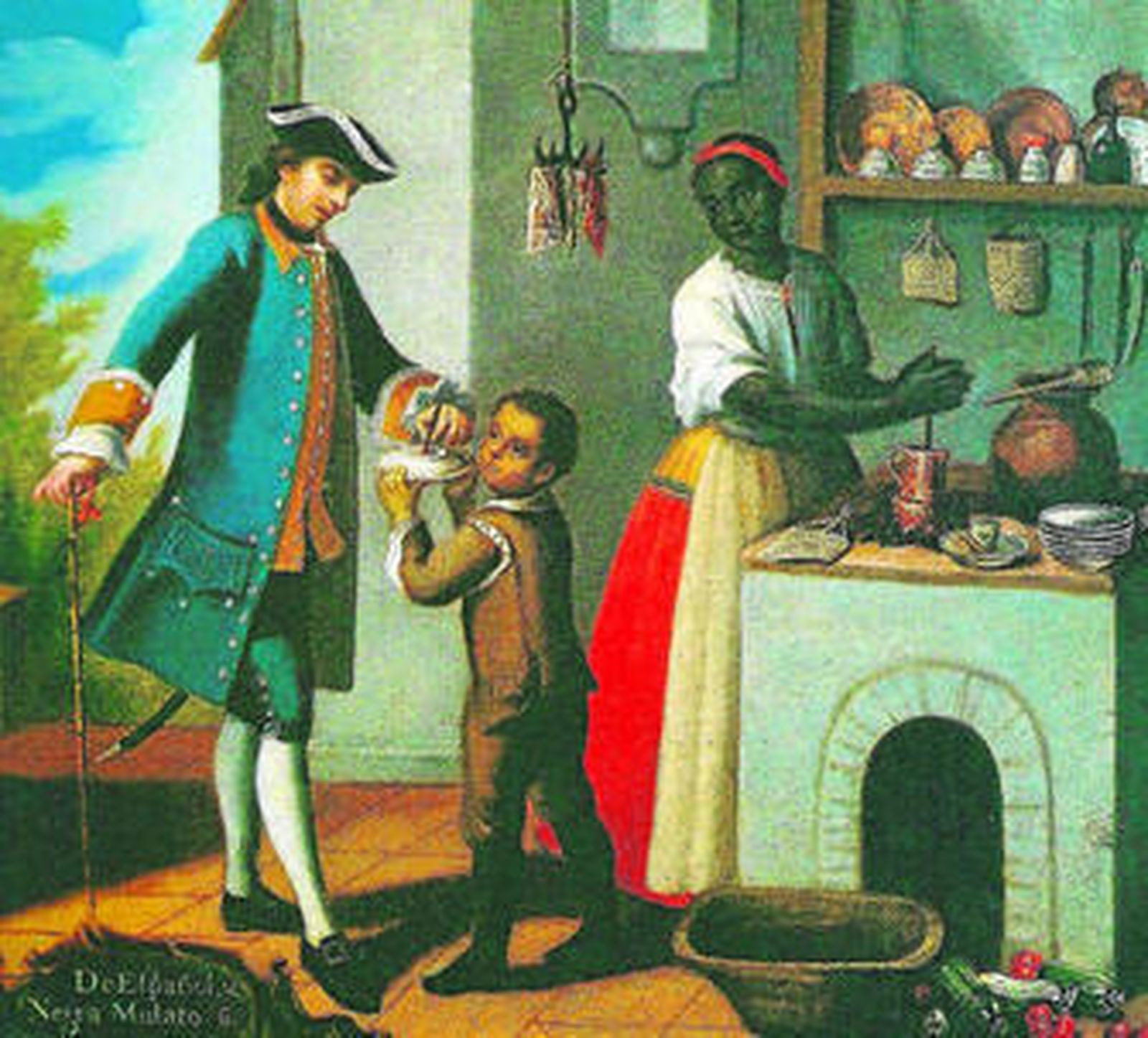 Ilustración del siglo XVIII de un colono en las Antillas con sus esclavos.