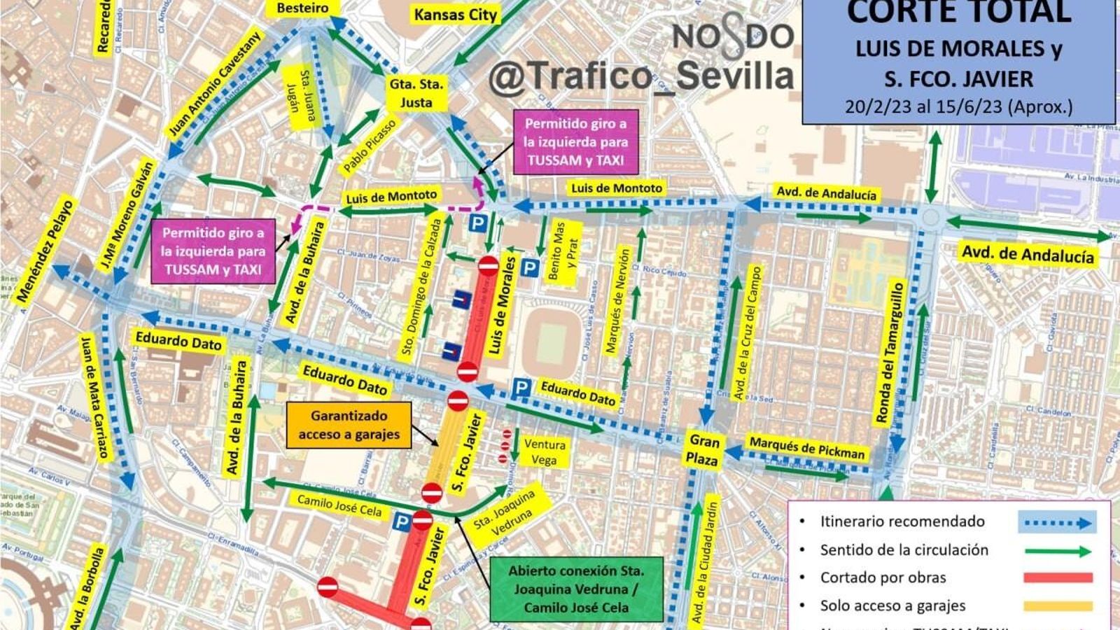 Desvíos de tráfico por el avance de la obra del tranvía a Luis de Morales.