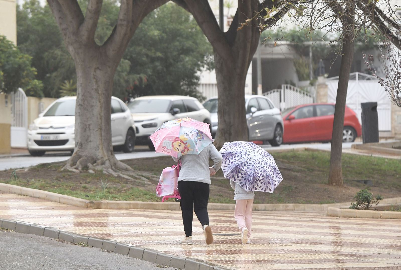 Una persona lleva a su hija al colegio en Aguadulce en Roquetas de Mar (Almería ) en una jornada de lluvia.