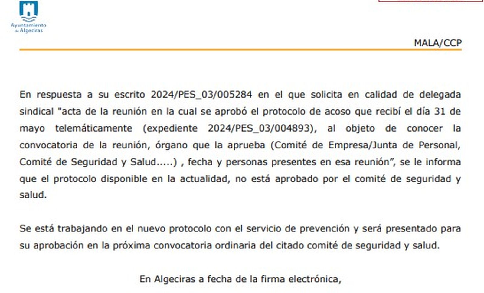 Respuesta municipal a la sección sindical de la CGT sobre el protocolo para los casos de acoso laboral.
