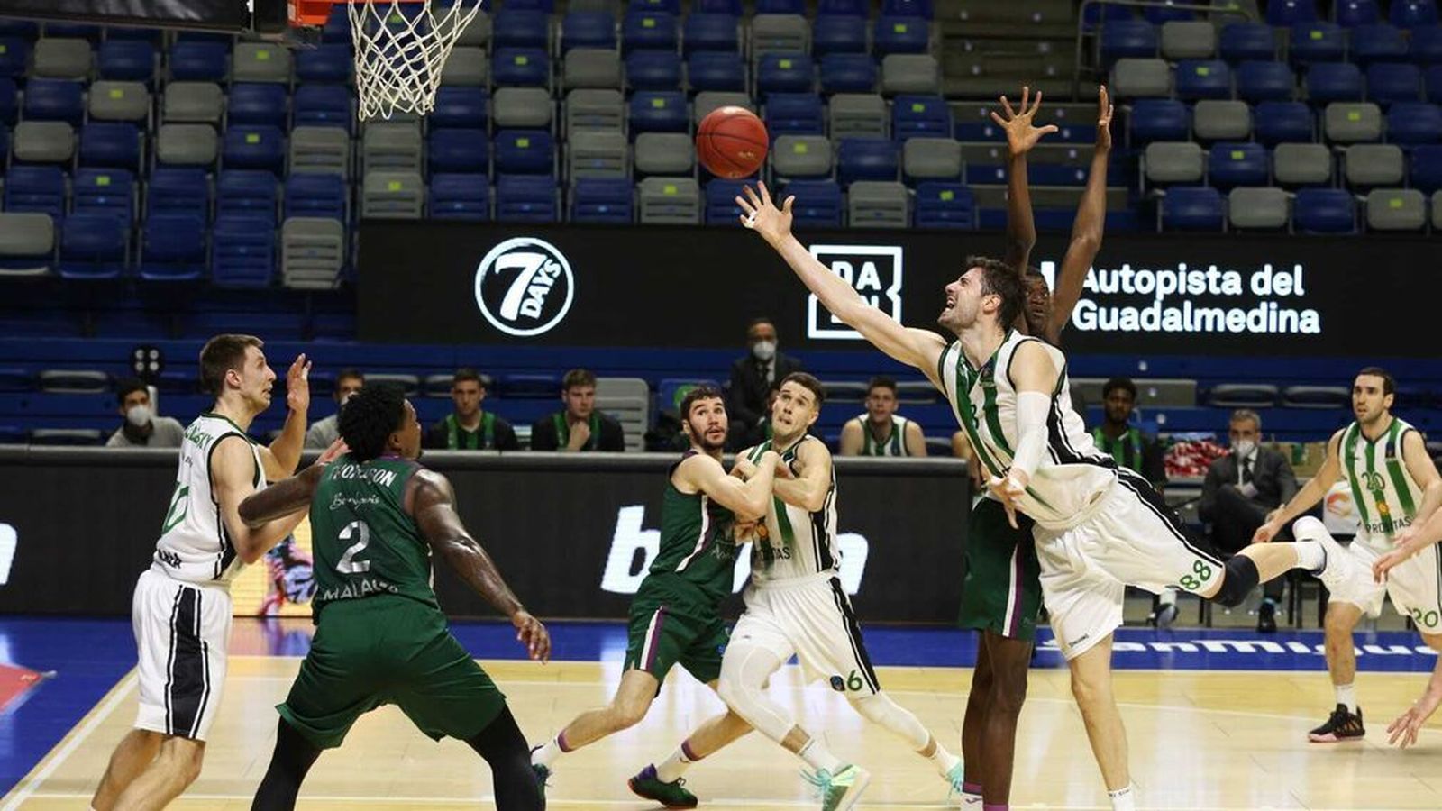 Tomic lanza a canasta ante la defensa de Nzosa