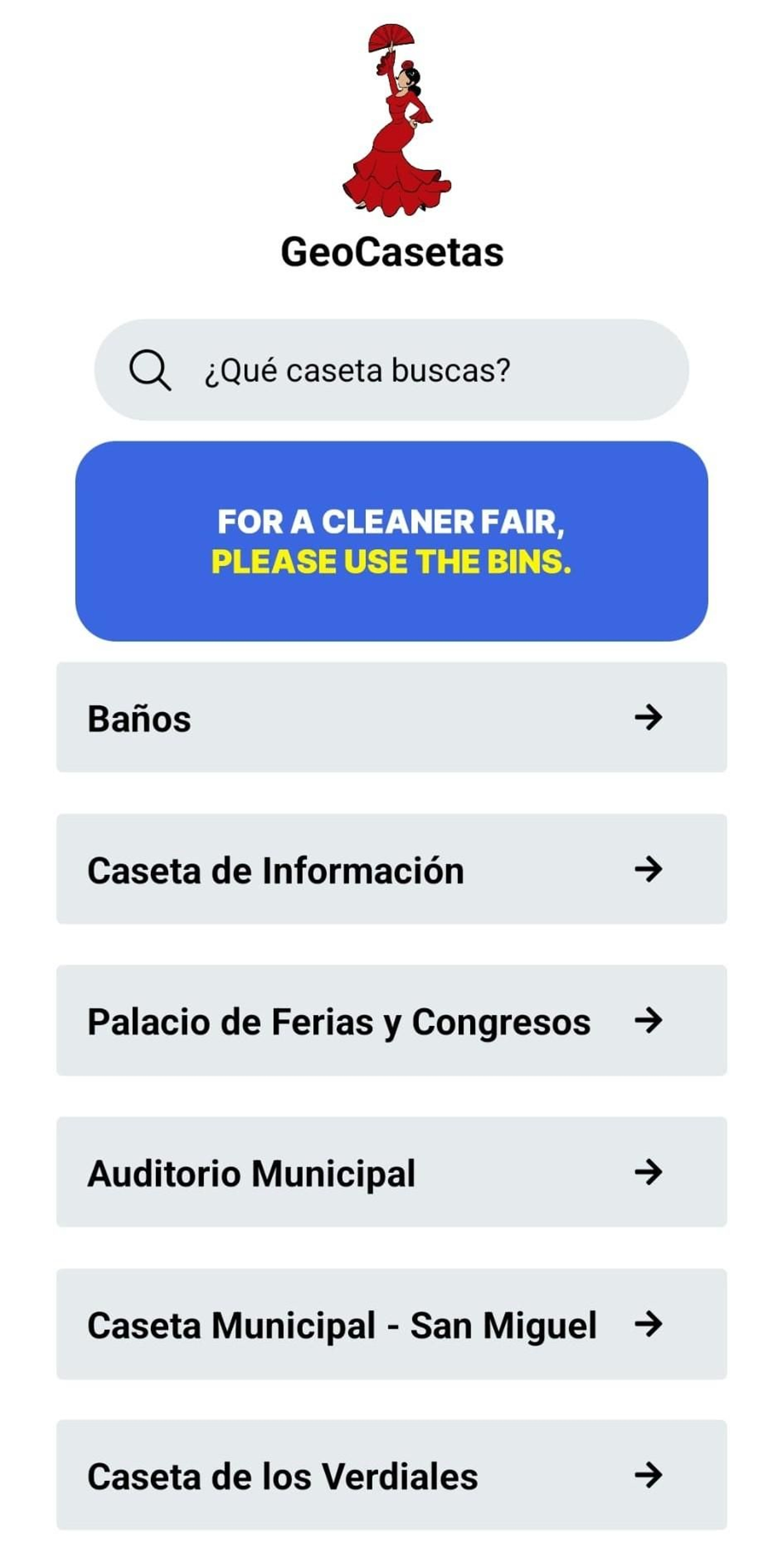 Pantalla principal de la aplicación GeoCasetas para no perderse en la Feria de Málaga