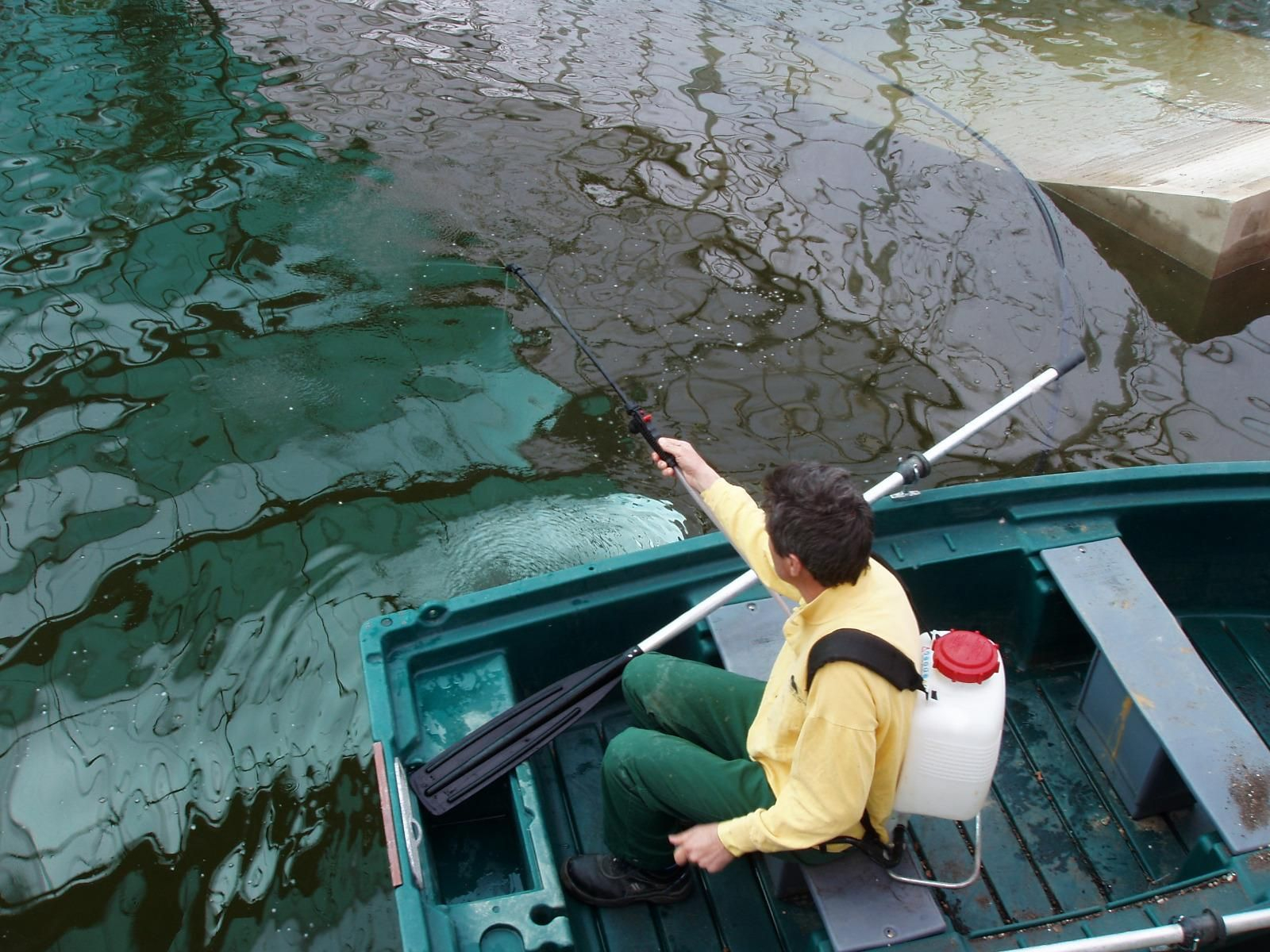 Un operario fumiga en un cauce de agua.