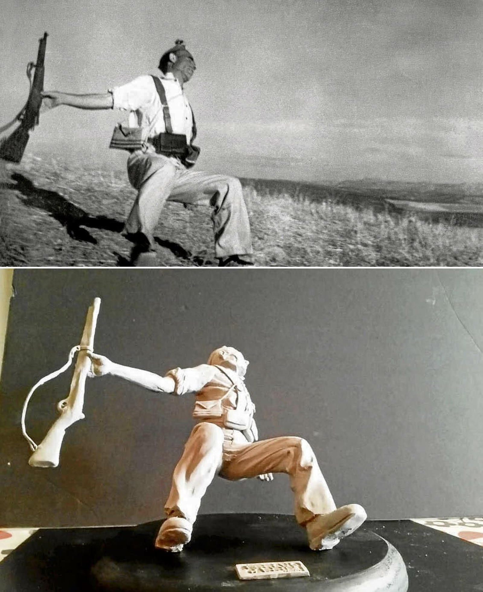 La foto de Capa, junto a la maqueta.