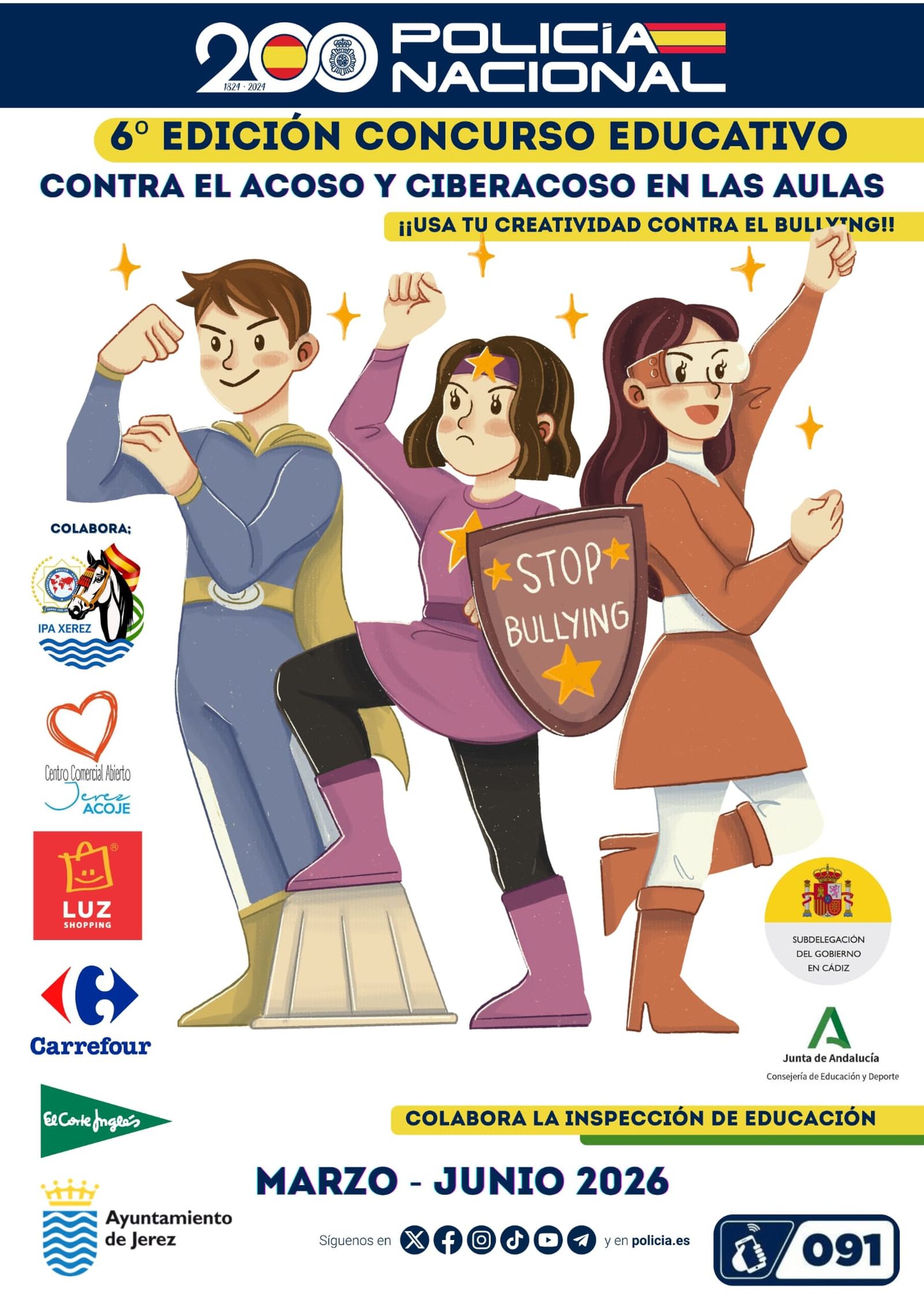 Detalle del cartel anunciador del Concurso de la Policía Nacional de Jerez contra el acoso y ciberacoso en las aulas.