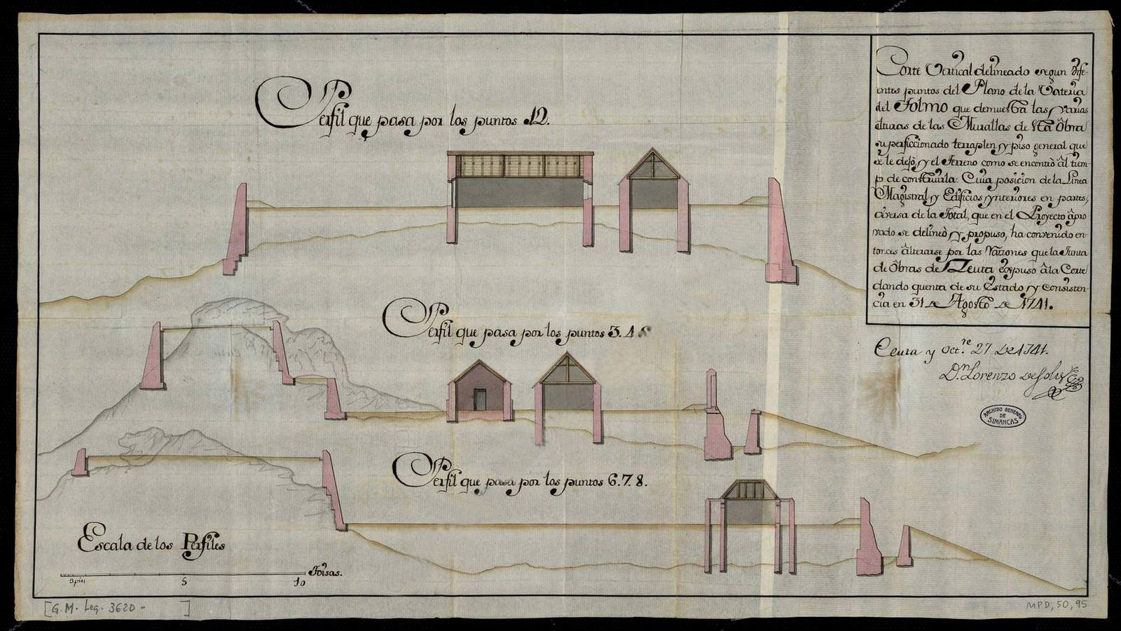 Alzados de la batería del Tolmo por D. Lorenzo de Solís. Ceuta, 27 de octubre de 1741 (Archivo General de Simancas).
