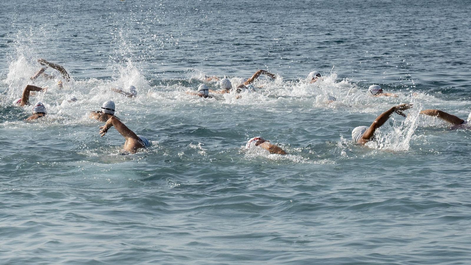 Los participantes nadando en las aguas de la playa de El Palmeral durante el desarrollo de la Travesía a Nado Carlos Tejada.