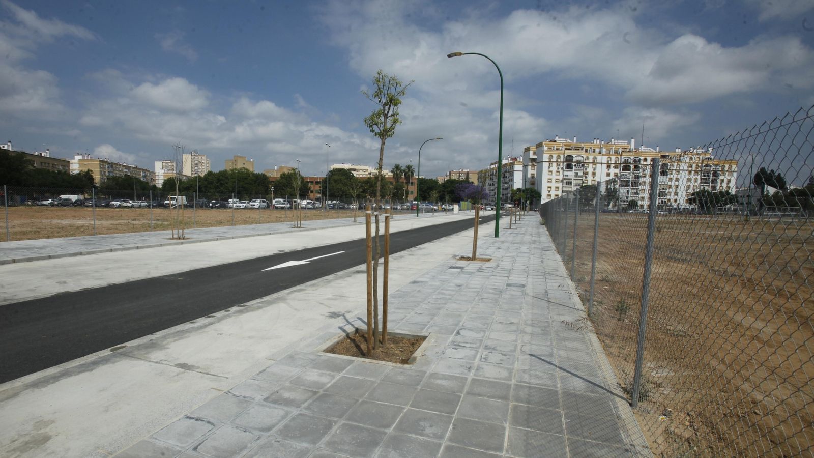 Una de la carreteras y el acerado habilitado en los terrenos.