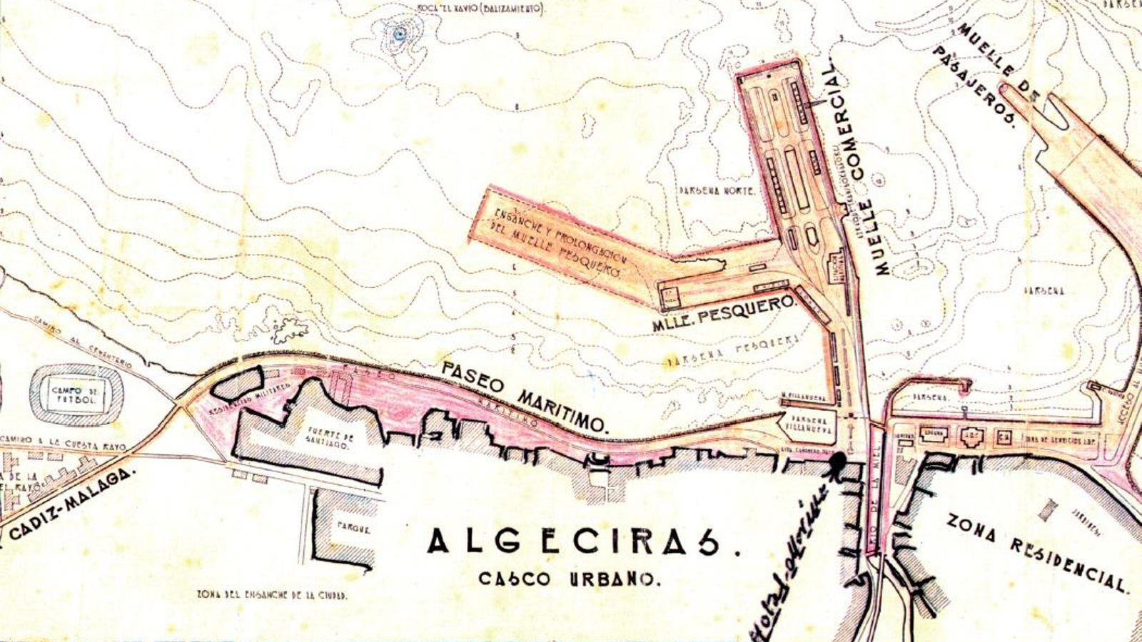 Plan de Obras del Puerto de Algeciras con el Paseo Marítimo ya terminado. Plano anotado por don Manuel Orellana Morales en 1962 (Gentileza de doña Pepita Orellana).