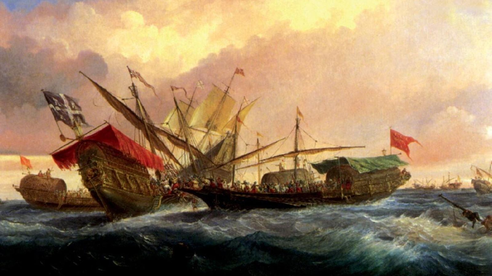 Batalla naval en aguas del Estrecho entre una flota meriní y otra castellana. (Óleo de A. de Brugada. Museo Naval de Madrid). Batalla naval en aguas del Estrecho entre una flota meriní y otra castellana. (Óleo de A. de Brugada. Museo Naval de Madrid).