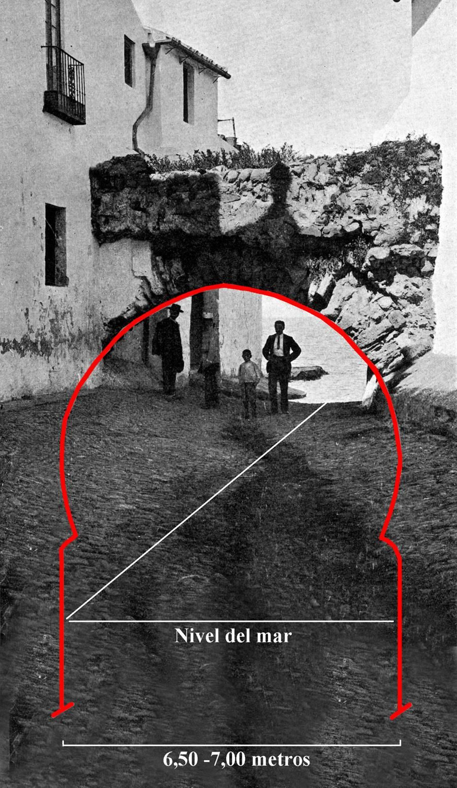 Restitución ideal del arco colmatado o puerta de ingreso a las atarazanas y al puerto interior de Algeciras demolido en el año 1918.