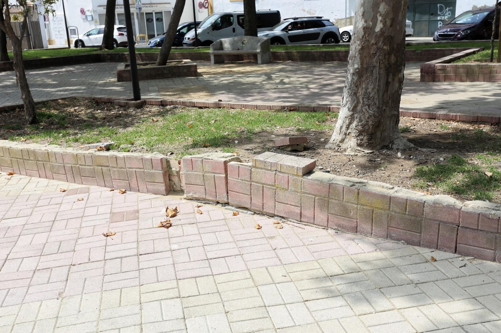 Estado en el que se encuentran actualmente el muro de uno de los parterres de la plaza Hermano Ignacio.
