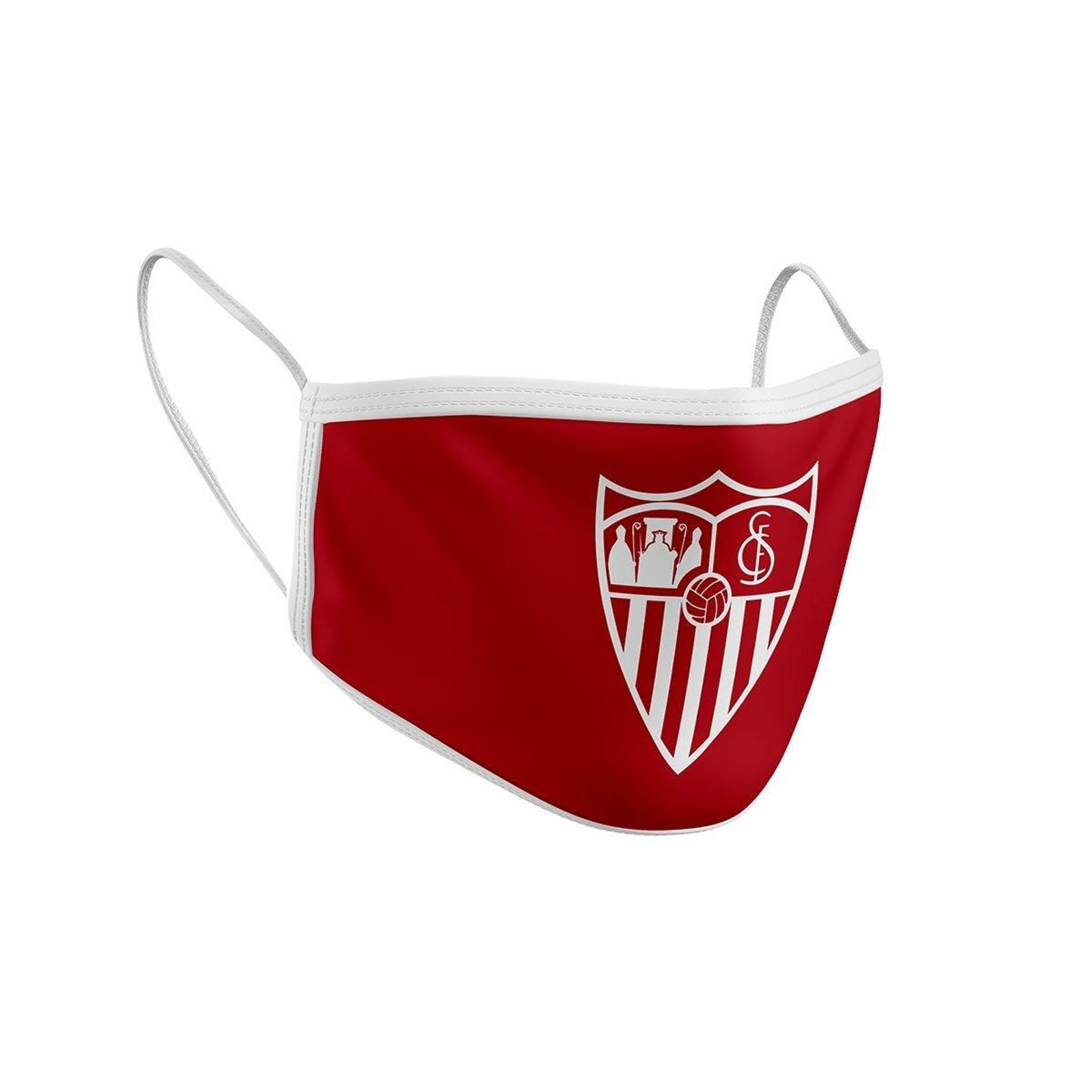 Mascarilla R30 con escudo del Sevilla sobre fondo rojo.