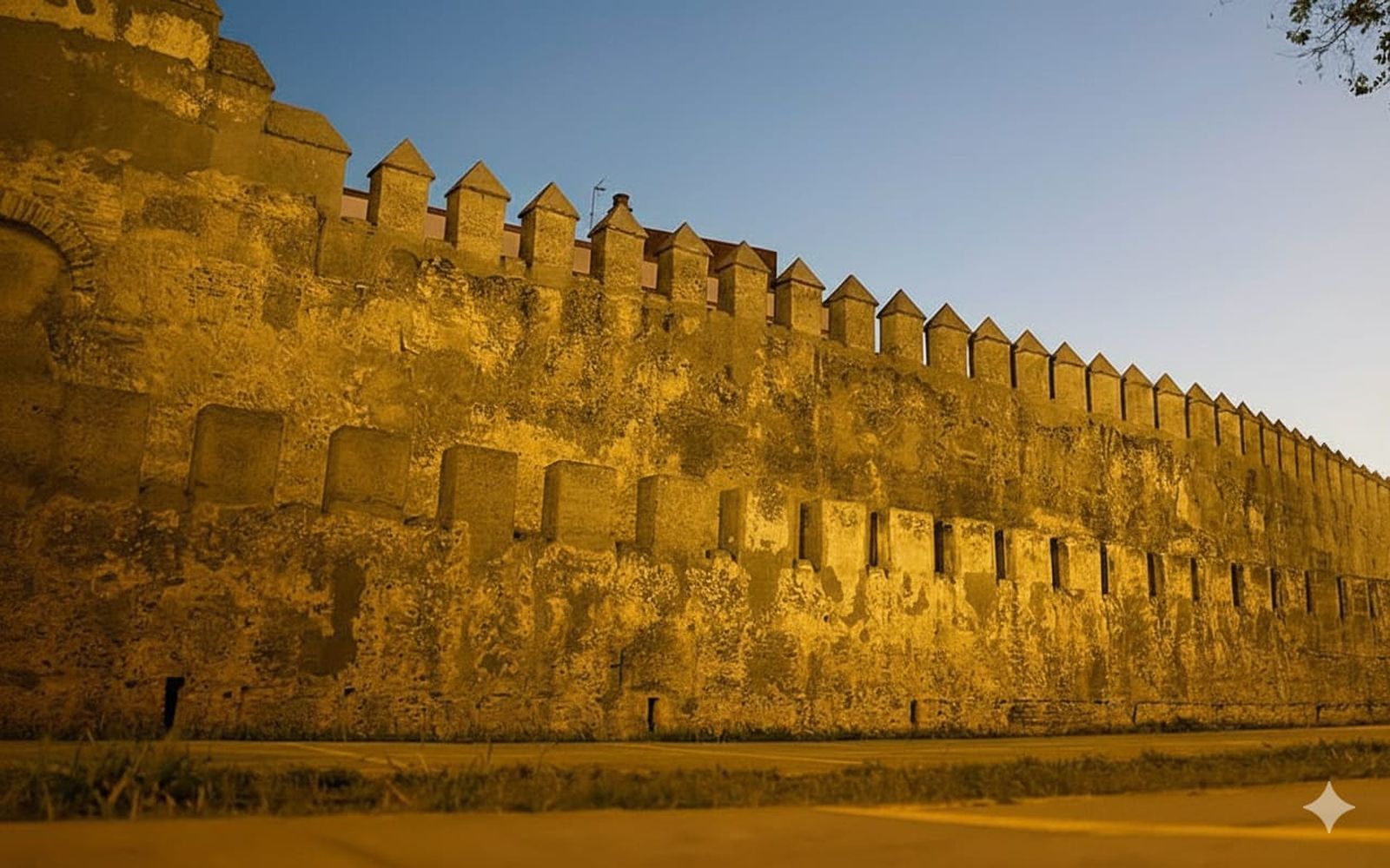 La muralla de la Macarena, iluminada de amarillo.