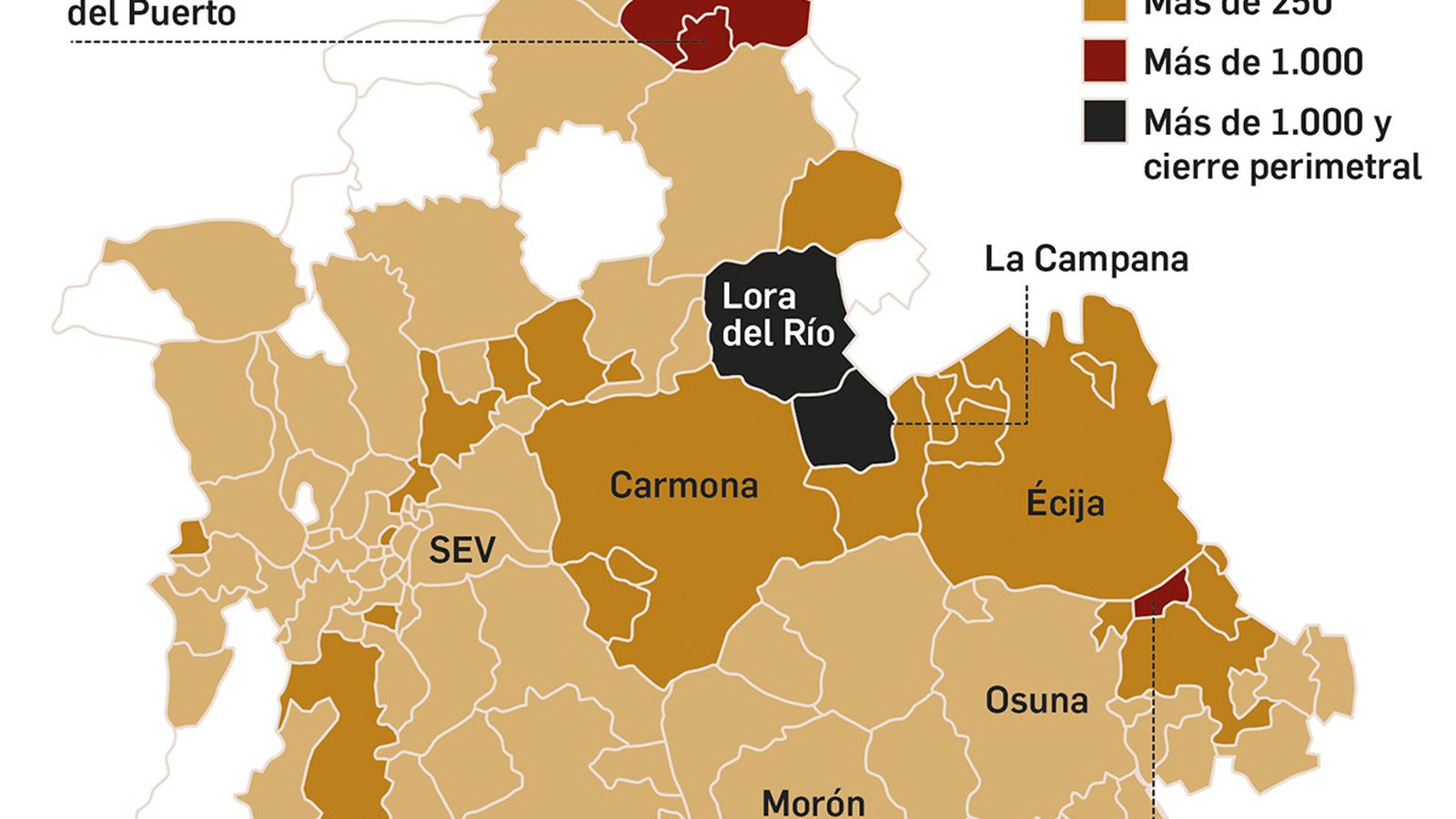 La tasa de Covid por municipios sevillanos.